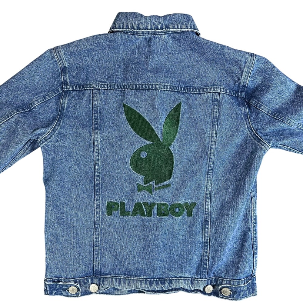 Playboy By Pacsun Denim Jacket Green Bunny Logo‎ Embroidered Men's Size S
